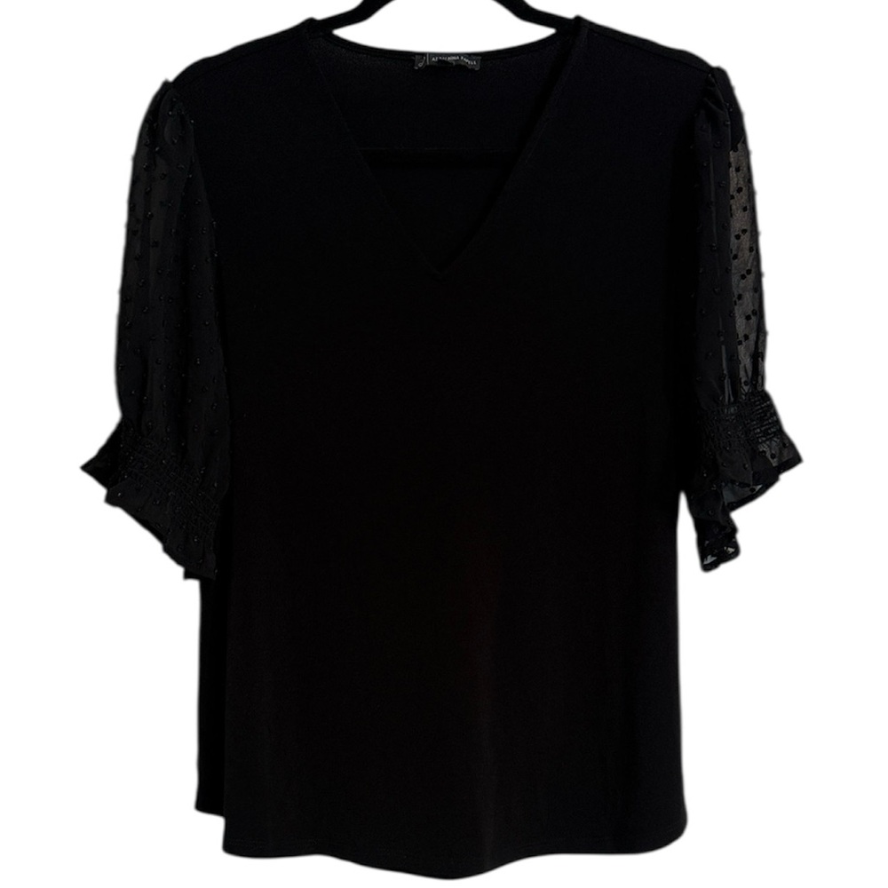 ☀️ Adrianna Papell Black Stretchy Blouse with Sheer Swiss Dot Puffy Sleeves